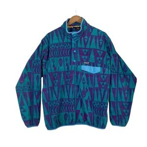 PATAGONIA Teal and Purple Tribal Geo Print Snap T Synchilla Fleece Pullover